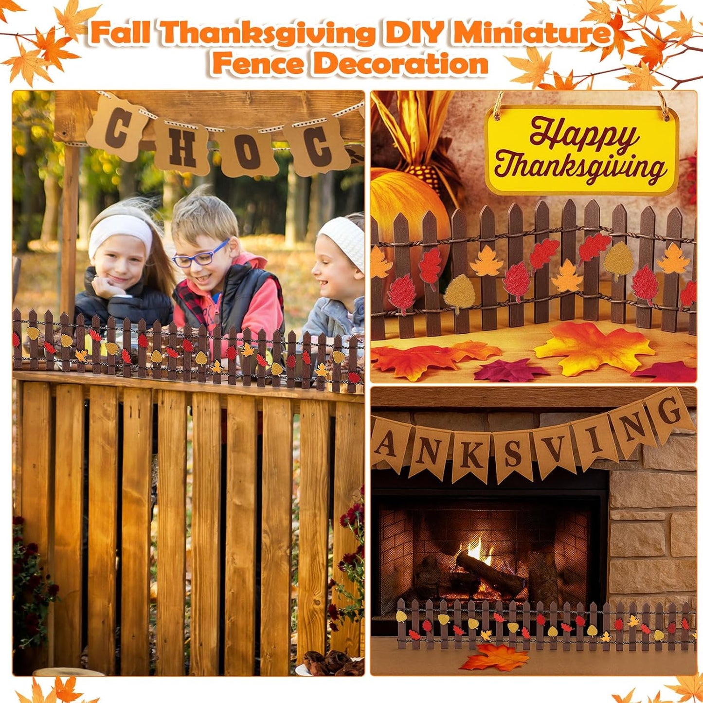 Thyle Thanksgiving DIY Mini Fairy Garden Fence Fall Wood Picket Crafts with 35 Inches Wood Picket Fence 100 Wooden Leaves and Glue for Autumn Centerpieces Thanksgiving Activity(Brown)