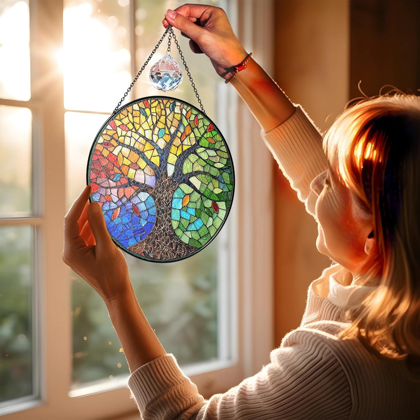 6" Tree of Life Stained Glass Suncatcher, Colorful Tree Sun Catcher Window Hanging Ornament, Glass Panel Decor for Home Garden Housewarming, Spiritual Birthday Gifts for Mom Women Girl ART-58E-SG6