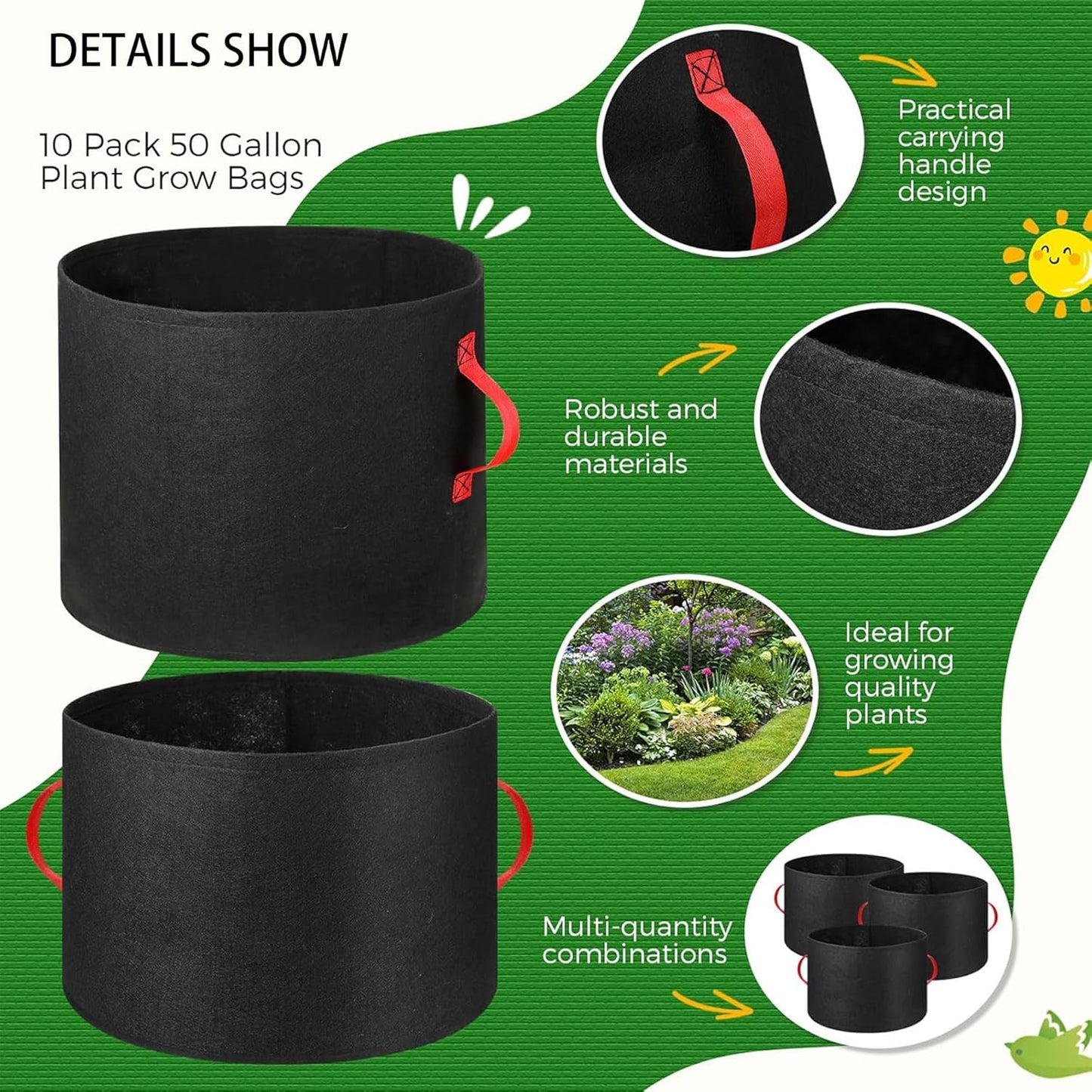 10 Pcs 50 Gallon Nonwoven Fabric Plant Grow Bags with Handles and 10 Pairs of Gardening Gloves for Vegetables Flowers Trees Container Planting Outdoor Garden Use