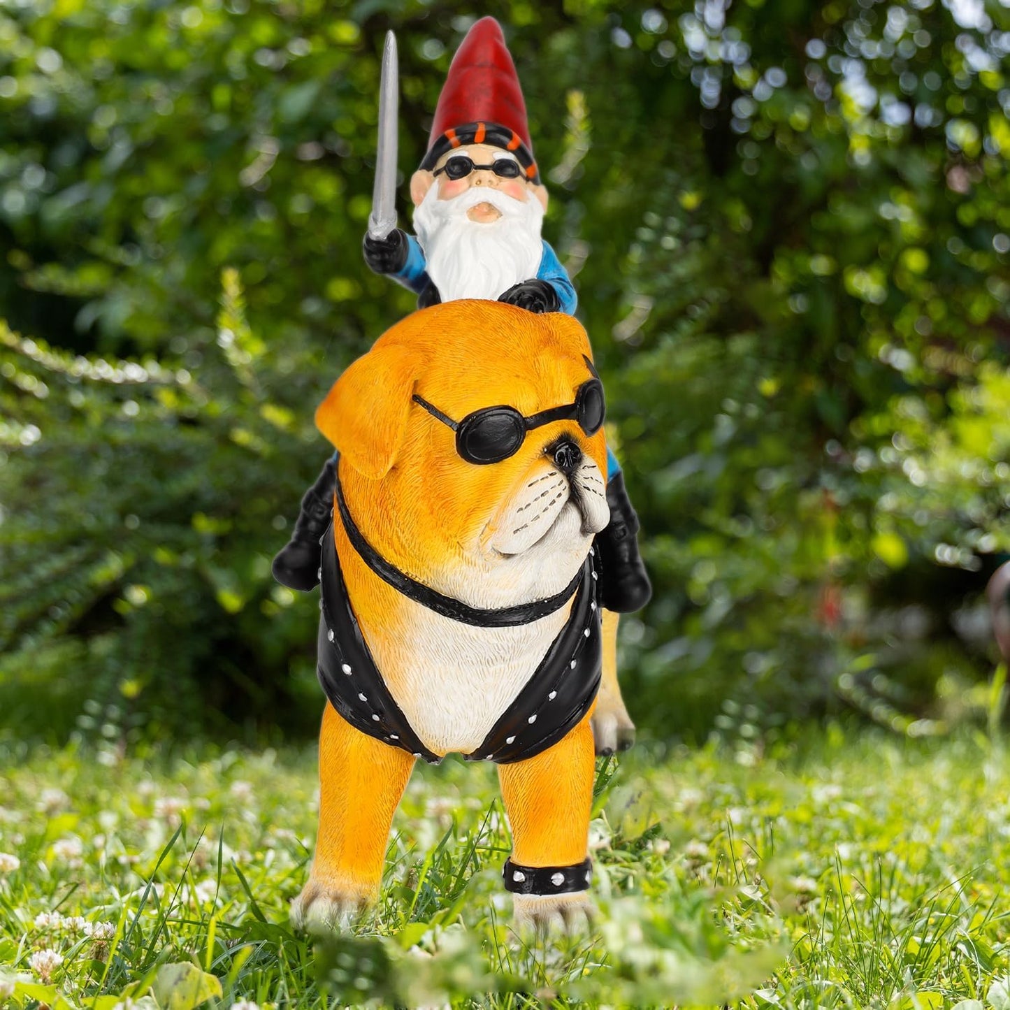 Garden Gnome Statue Holding Sword Outdoor, Funny Garden Gnome Riding Dog Statue Decoration Lawn Figurines for Home Patio Yard Garden Decor Indoor Outdoor, Housewarming Garden Gift
