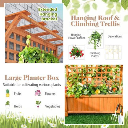 S AFSTAR Raised Garden Bed with Trellis, Wood Elevated Planter Box with Hanging Roof & Climbing Trellis, 4 Drainage Holes, 72.5" Tall Freestanding Planter Container for Vine Climbing Plants Flowers