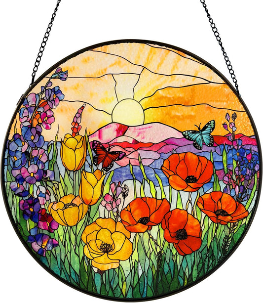 Stained Glass Window Hanging Sunrise Suncatcher, Renyalora 10 Inch Round Wildflower Glass Sun
