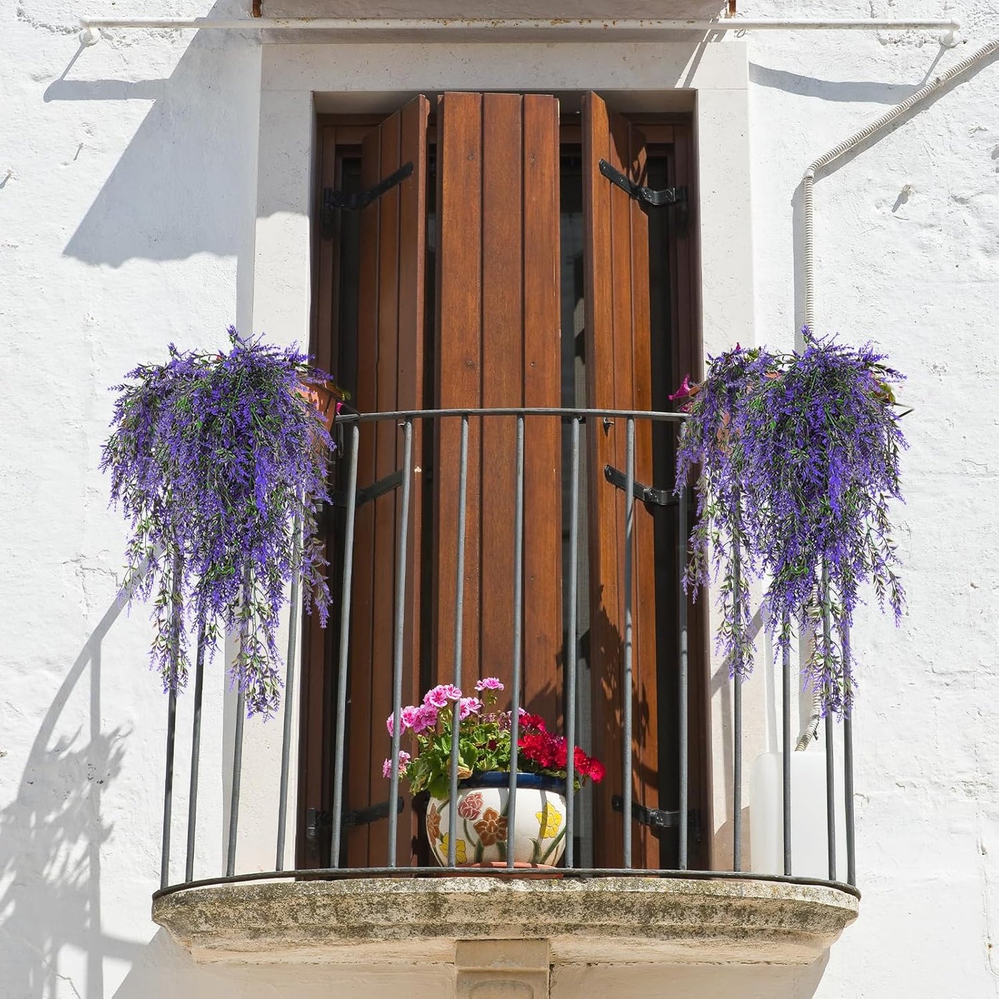 SJL Hanging Flowers Fake Hanging Plants Artificial Greenery UV Resistant Artificial Outdoor Plants Lavender Flower Faux Vines Fake Ivy Greenery for Bathroom Home Wall Bedroom Office Decor (Purple)