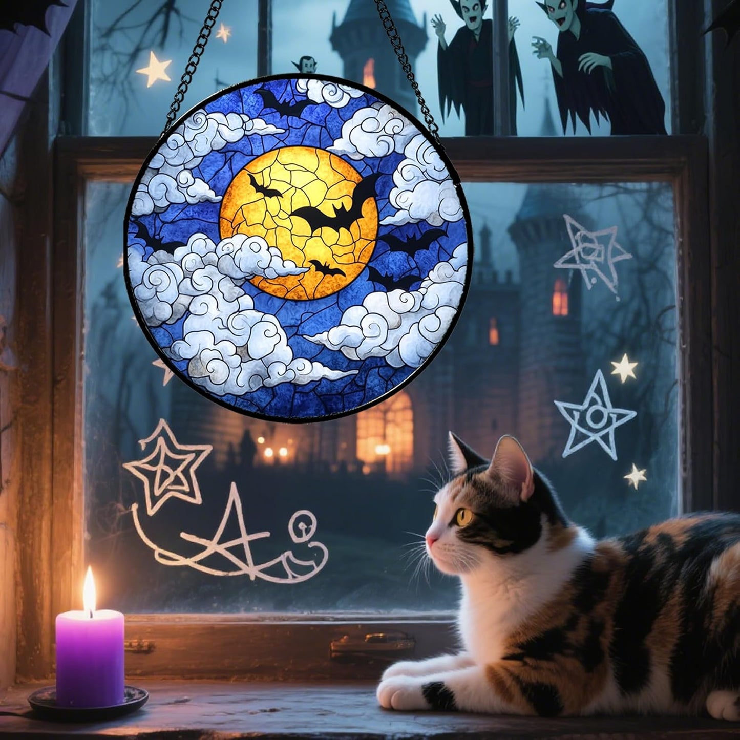Stained Glass Window Hanging - Halloween Decorations Bats Moon Clouds Suncatcher for Doors Garden Indoor Spooky Funny Sun Catchers Gothic Decor Horror Gifts for Women Men Friend 6.3 in
