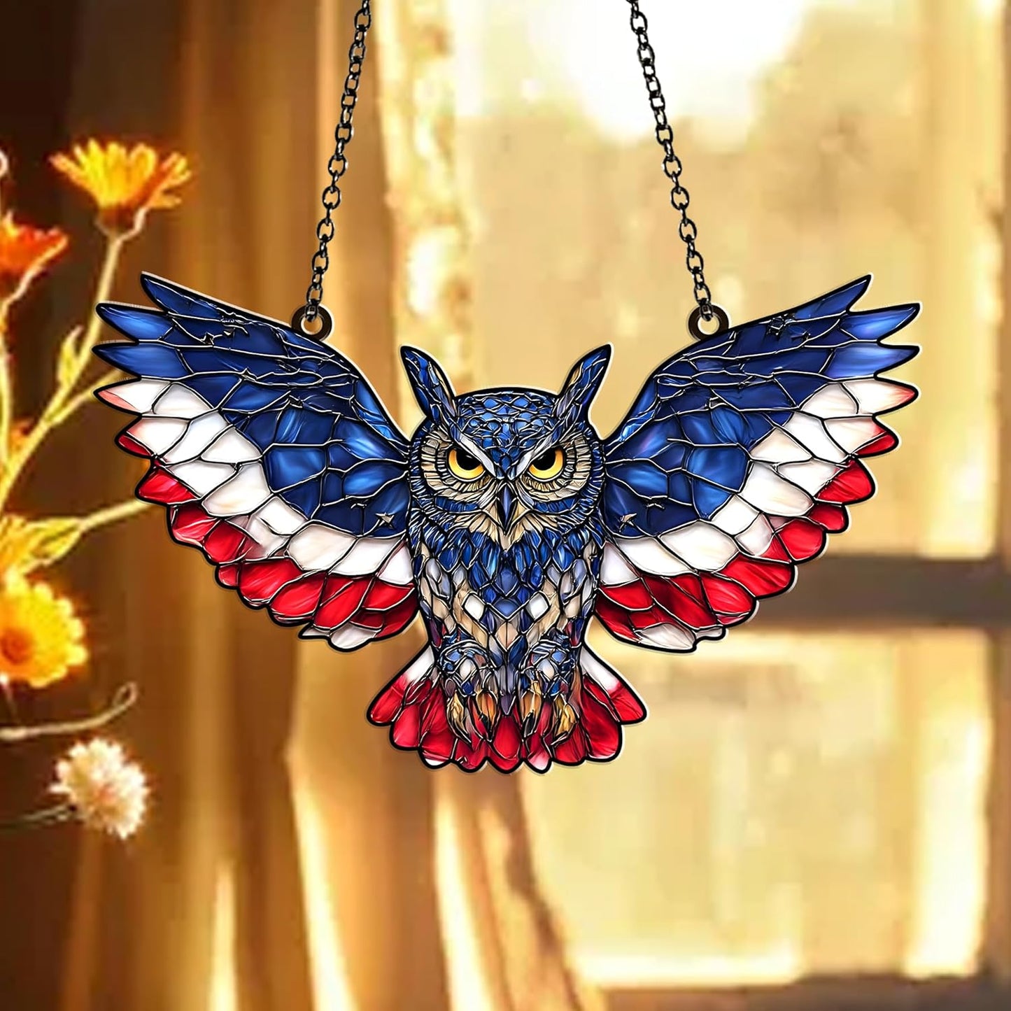 American Flag Owl Suncatcher – Acrylic Suncatcher Window Hanging – Patriotic Owl Decor for Home, Garden, Office – 4th of July Gifts – Bird Ornament for USA Lovers, Veterans, Nature Fans (Sun-47)