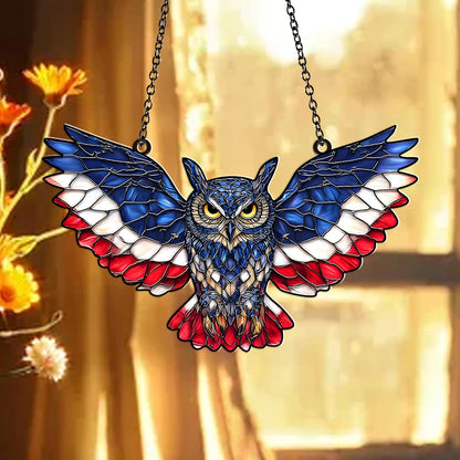 American Flag Owl Suncatcher – Acrylic Suncatcher Window Hanging – Patriotic Owl Decor for Home, Garden, Office – 4th of July Gifts – Bird Ornament for USA Lovers, Veterans, Nature Fans (Sun-47)