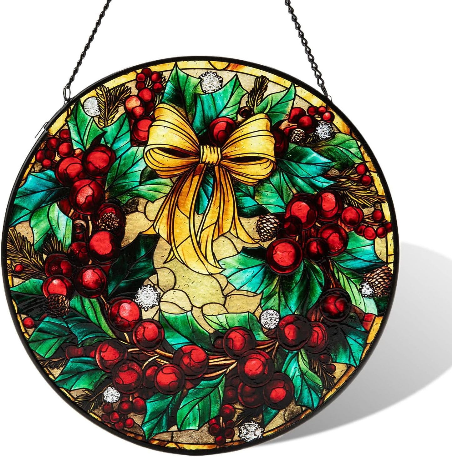 Stained Glass Window Hanging, Christmas Festive Holly and Red Berries Suncatcher for Doors Home Sun Catchers Decoration and Christmas, Mother's Day Birthday Gifts for Women, Men, and Mom (8 Inch)