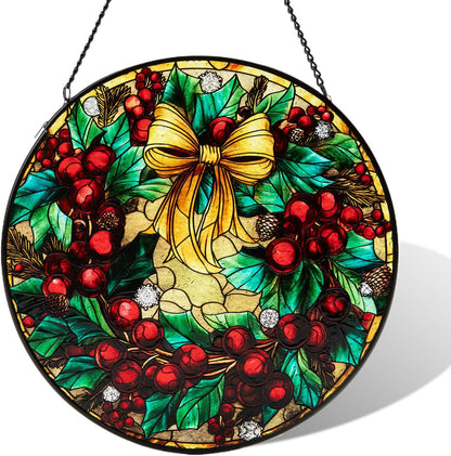 Stained Glass Window Hanging, Christmas Festive Holly and Red Berries Suncatcher for Doors Home Sun Catchers Decoration and Christmas, Mother's Day Birthday Gifts for Women, Men, and Mom (8 Inch)