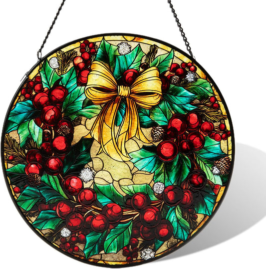 Stained Glass Window Hanging, Christmas Festive Holly and Red Berries Suncatcher for Doors Home Sun