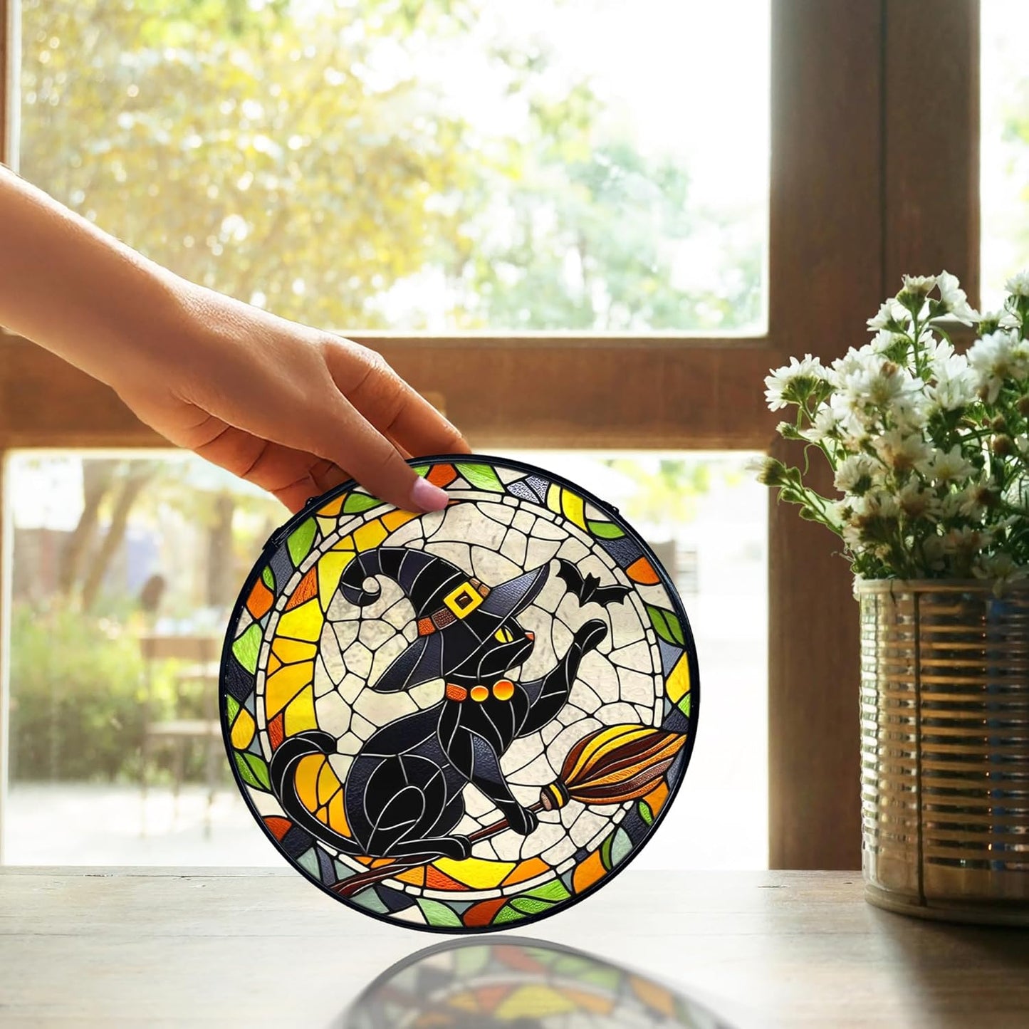 TNUW Halloween Black Cat Stained Glass Window Hanging, Gothic Witchy Black Cat Sun Catchers Indoor Window Glass Round Wall Art Decor, Halloween Wall Hanging Decorations, 7.9＂x7.9＂