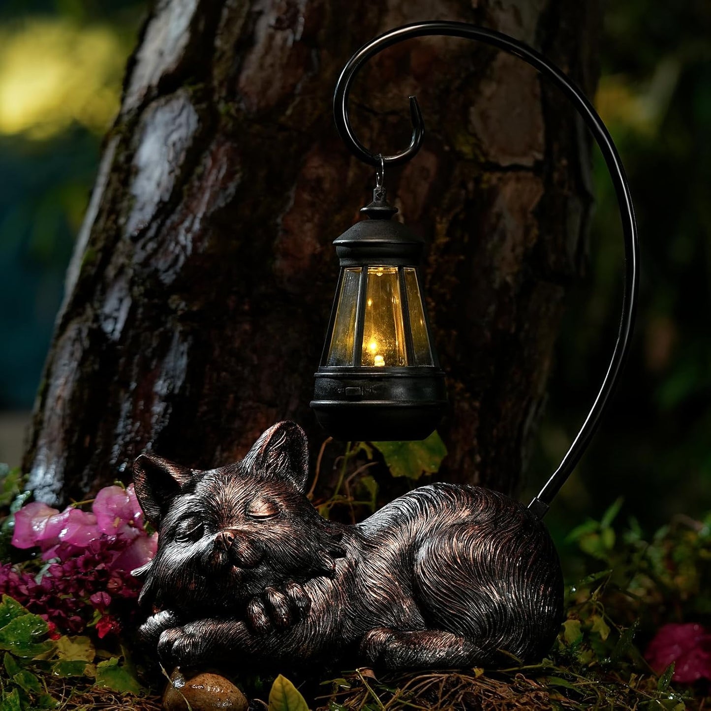 Outdoor Cat Figurine Garden Statue with Solar-Powered LED Light 13.77 Inches Tall, Gift Garden Statue Decor for Cat Lovers