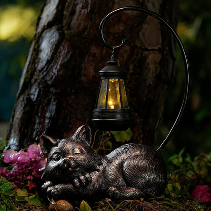 Outdoor Cat Figurine Garden Statue with Solar-Powered LED Light 13.77 Inches Tall, Gift Garden Statue Decor for Cat Lovers