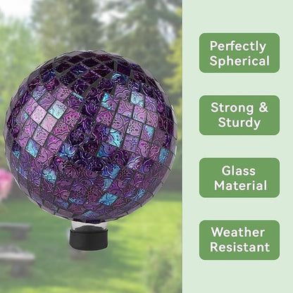 Lily's Home Glass Gazing Ball | Holographic Effect, Stunning Rainbow Color Reflection Effect, Mosaic Design, Purple Mirrors, Attracts Good Fortune, Lovely Centerpiece, 10” Dia.