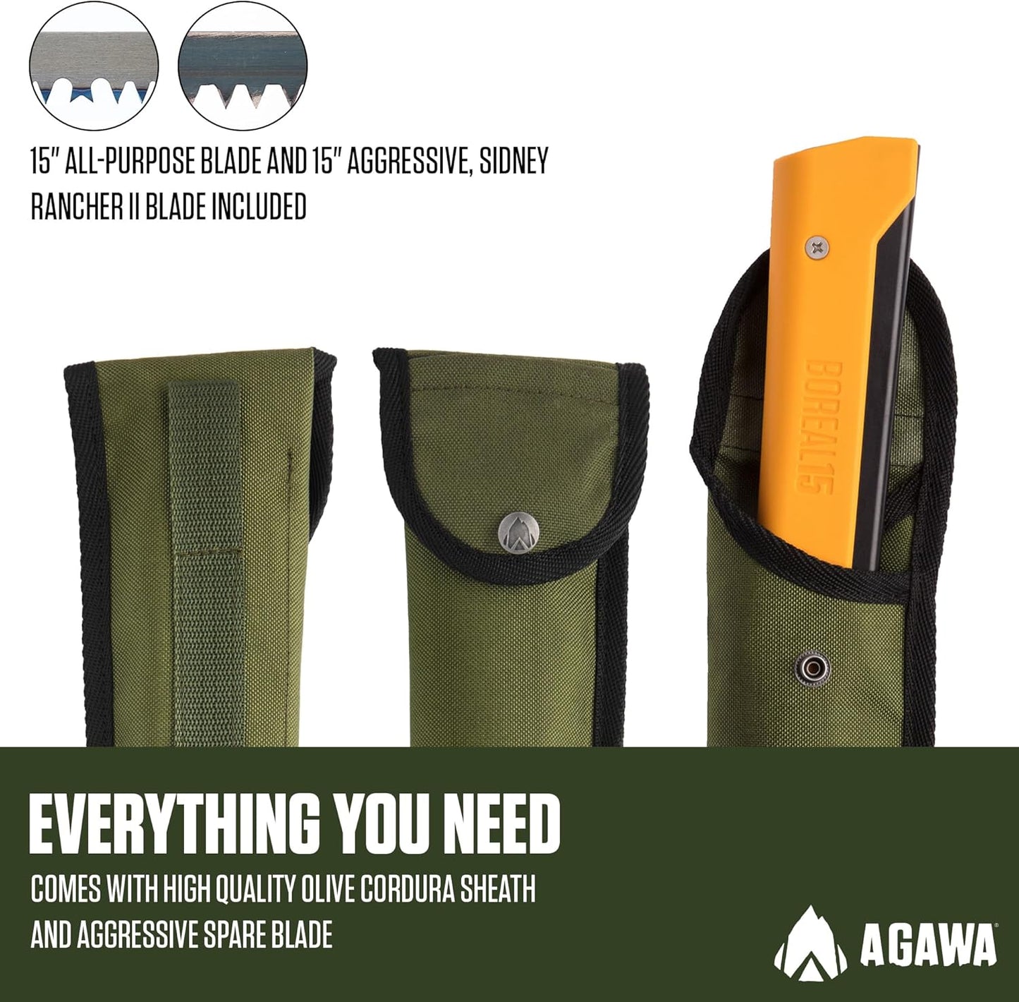 AGAWA - BOREAL15 Tripper Kit - Includes 15" Folding Saw, Nylon Carrying Case, 15" All-Purpose & 15" Aggressive Blade - For Camping, Hiking & Survival Gear (Black Frame/Yellow Handle)