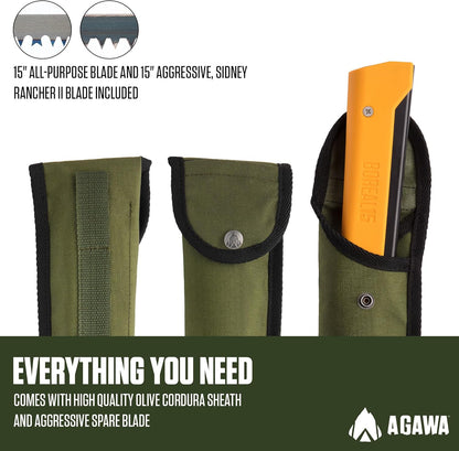 AGAWA - BOREAL15 Tripper Kit - Includes 15" Folding Saw, Nylon Carrying Case, 15" All-Purpose & 15" Aggressive Blade - For Camping, Hiking & Survival Gear (Black Frame/Yellow Handle)