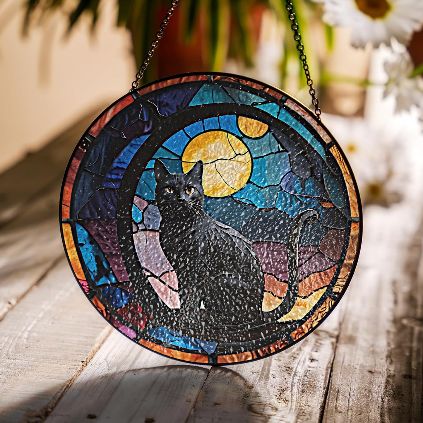 7.8" Dark Cat and Moon Stained Glass Suncatchers Art Glass Cats for Indoor for Pet Animal Nature Floral Lovers Women Grandma Mom Friend Painted Panel Décor PET-02D-SG8