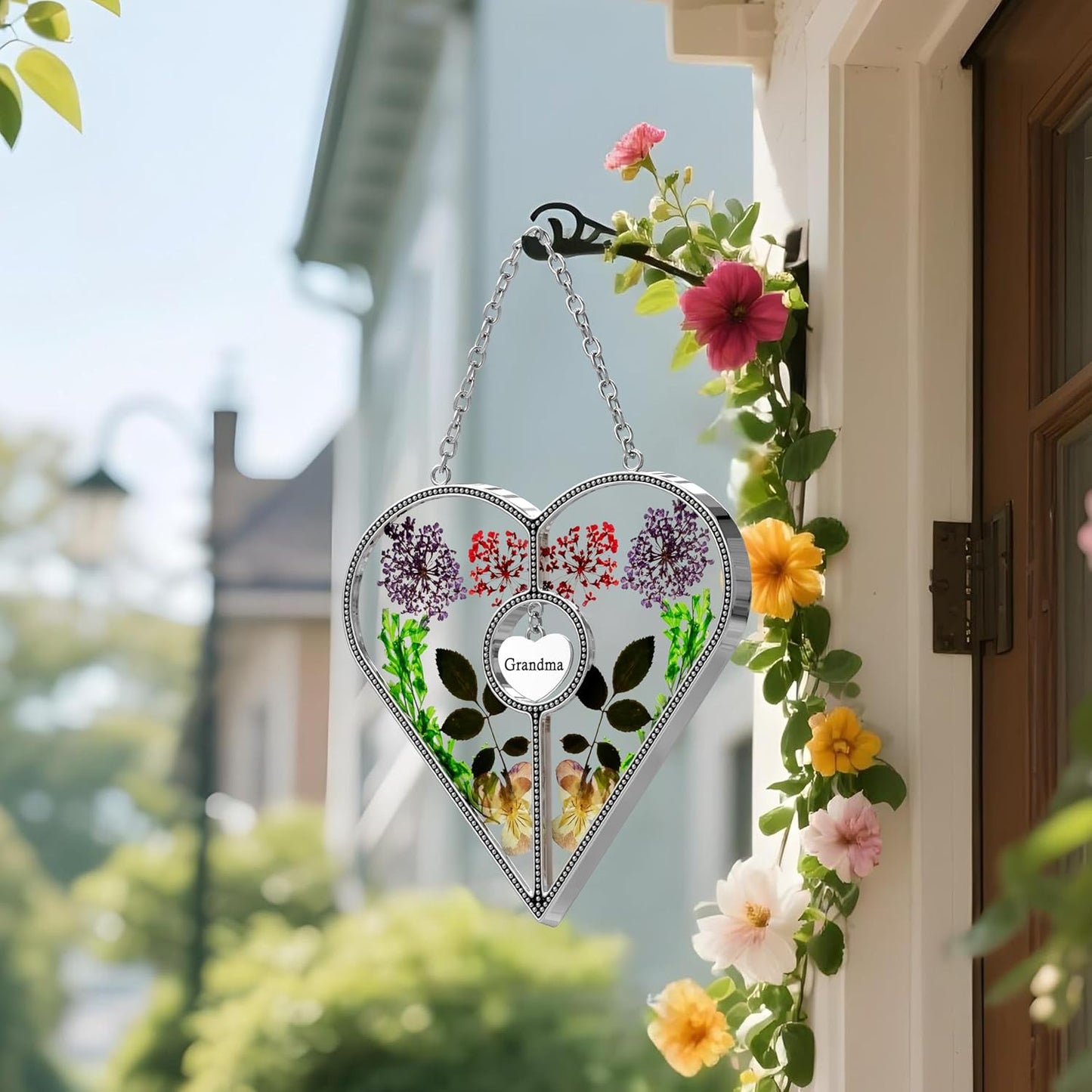 KY&BOSAM Heart Suncatcher Grandma Gifts Stained Glass Panels for Windows Hangings Wind Chime, Pressed Flower and Metal I Love You Heart Charm Windows Indoor Christmas Trees Wedding Party Home Decor