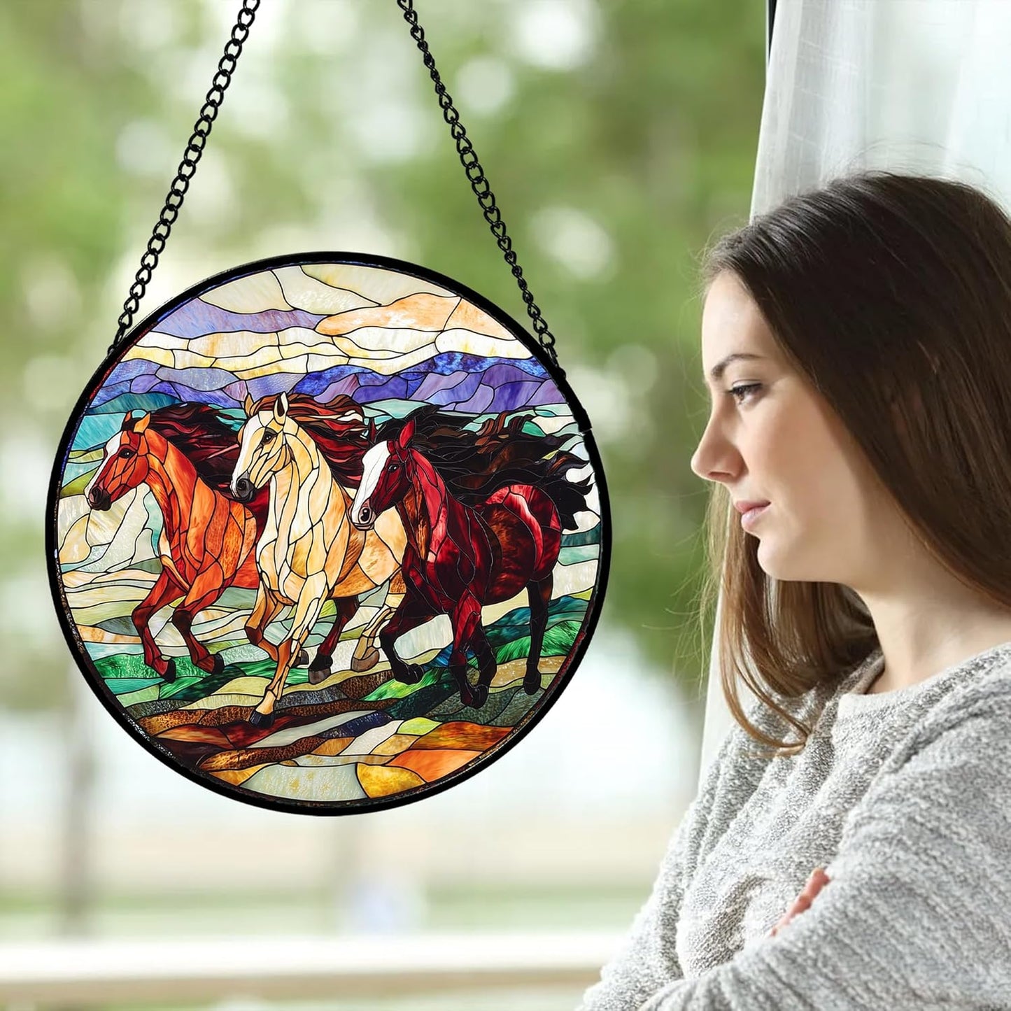 Stained Glass Window Hanging, Colorful Landscape Running Horse Suncatcher for Doors Window Home Sun Catchers Decoration Mother's Day Birthday Gifts for Women, Men, and Mom 11.8x11.8 in
