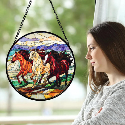 Stained Glass Window Hanging, Galloping Horses Sun Catcher for Door Home Decor Colorful Suncatcher