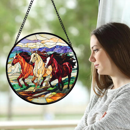 Stained Glass Window Hanging, Colorful Landscape Running Horse Suncatcher for Doors Window Home Sun Catchers Decoration Mother's Day Birthday Gifts for Women, Men, and Mom 15x15 in