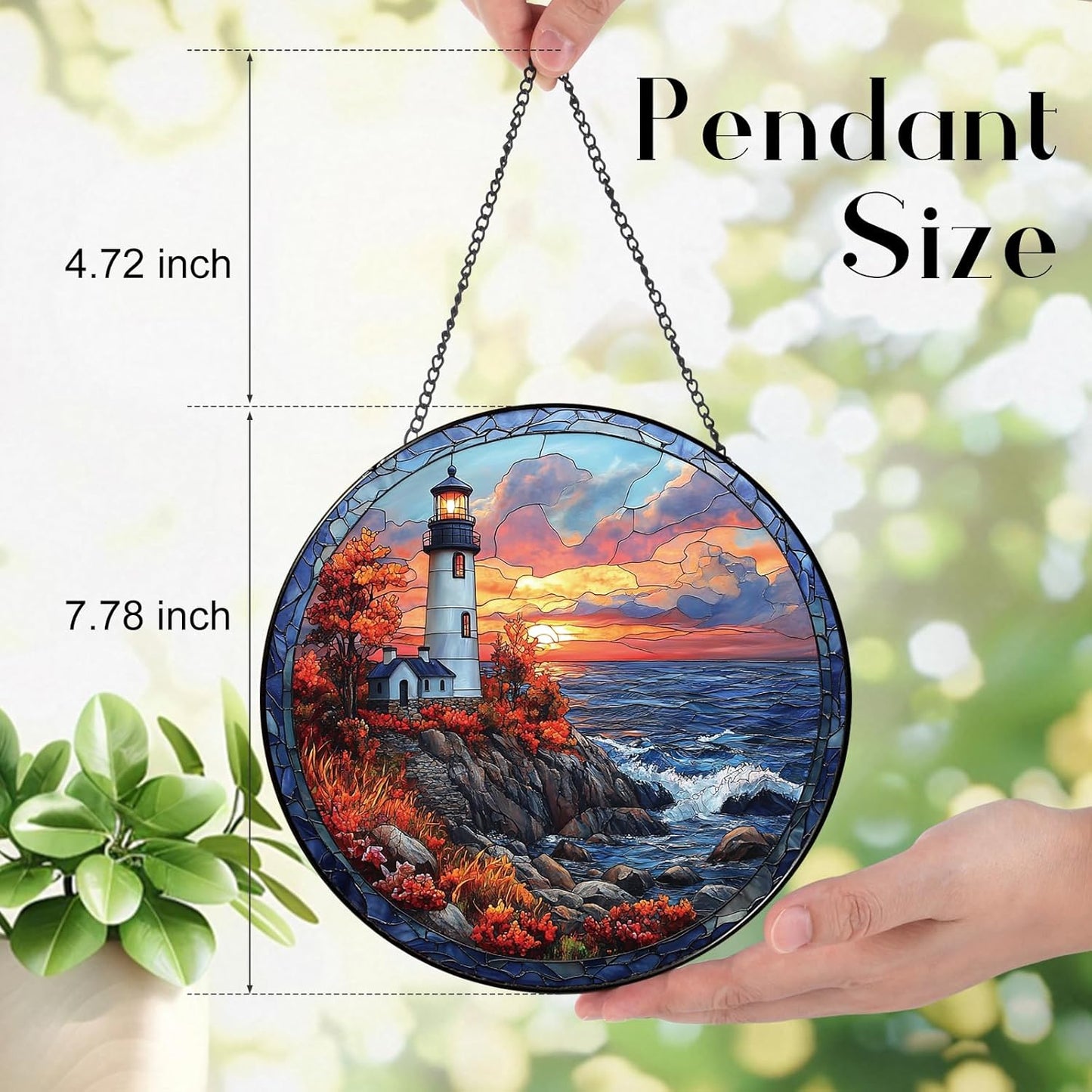 Coastal Lighthouse in Autumn Suncatcher -7.9 in Stained Glass Window Hanging Sun Catcher Garden Decor