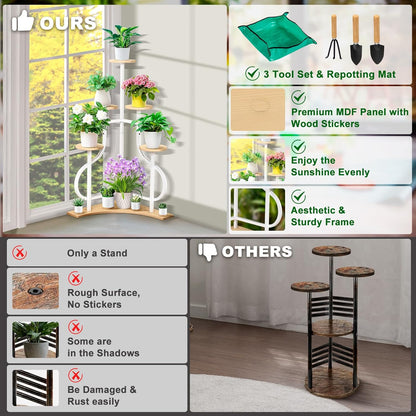 6-Tier Corner Plant Stand, Indoor Plant Stand with L-shaped Base, Aesthetic Metal Plants Shelf for Multiple Plants Flower Pot, MDF Outdoor Plant Holder for Patio Balcony (White)