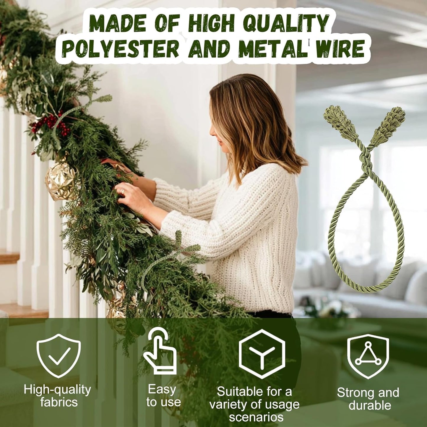 Shappy 24 Pieces Christmas Garland Banister Ties Christmas Decorative Reusable and Flexible Twist Ties for Garland, Banister Home Decoration (Olive Green)