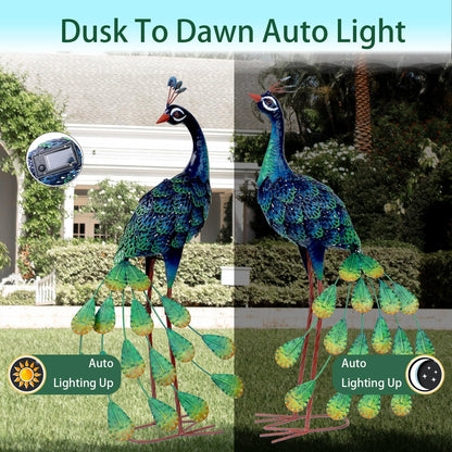 Kircust Solar Metal Peacock Statues - Set of 2 Weatherproof Outdoor Decor with Solar Lights for Garden, Yard, or Patio - Elegant Peacock Gifts