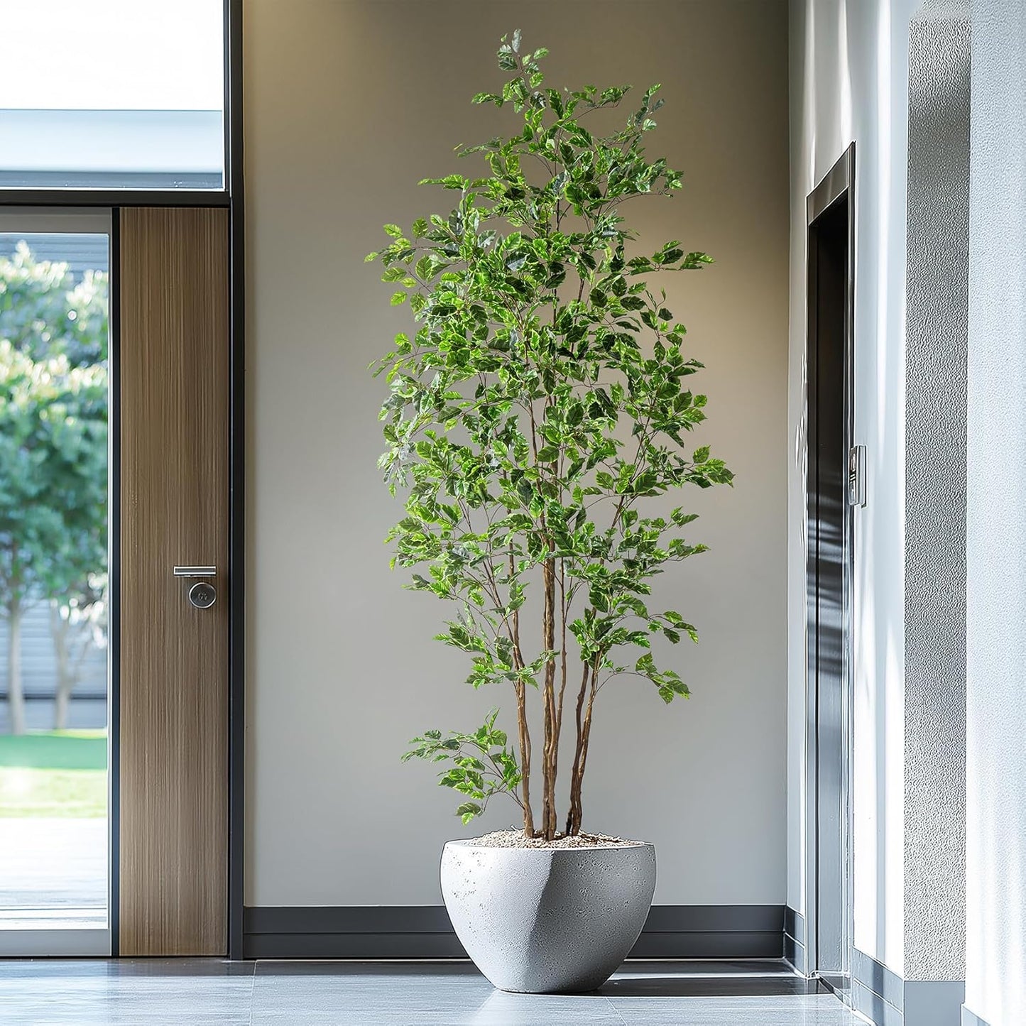Artificial Ficus Tree Indoor 8ft, Large Potted Faux Tree with Realistic Silk Leaves & Trunk for Home Office, Living Room Corner Decor