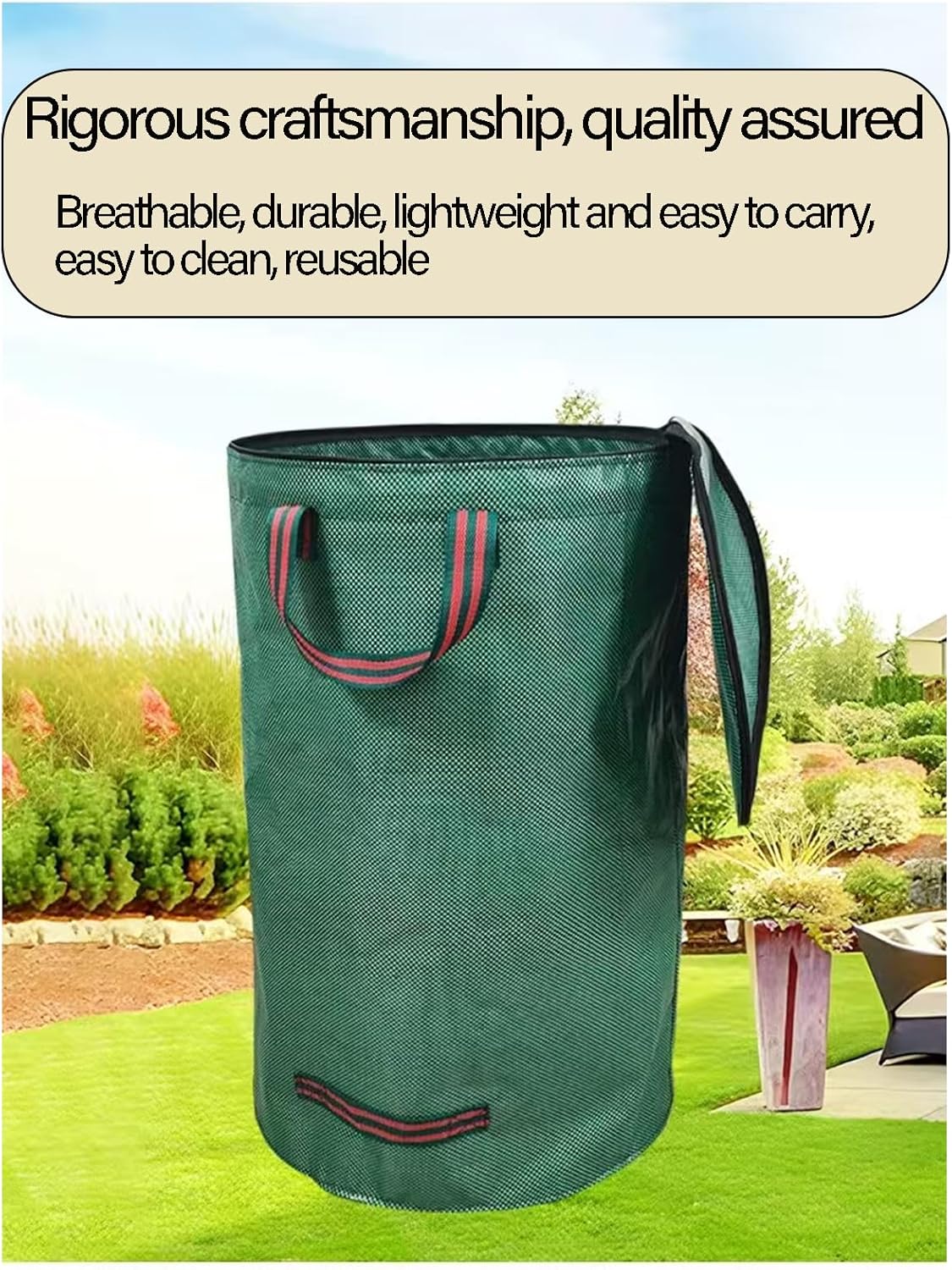 Garden Bags for Leaves, Leaf Bags Reusable Zippered Top with Yard Leaf Collector Bag Heavy Duty with 4 Handles Garden Leaf Bag Leaf Collector Come with Gloves (32Gallon)
