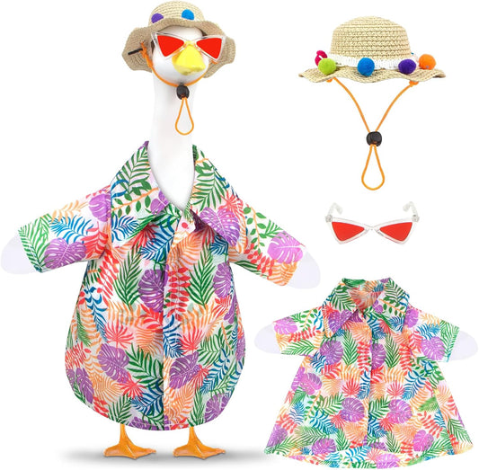 Hawaiian Porch Goose Outfits, Summer Lawn Goose Outfit with Sunglasses & Hat, Yard Goose Clothes and 3 Pcs/Set Goose Costume for 23" 17" Statue Patio Garden Decoration