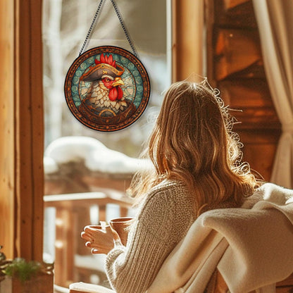 Chicken Suncatcher Stained Glass Garden Window Hanging, Vintage Rooster Sun Catchers Indoor Window Glass Round Wall Decor, Chicken Wall Art Hanging Decorations, ＂7.8x7.8＂