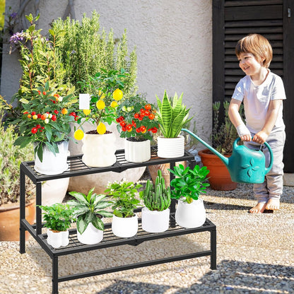 2 Tier Plant Stand Indoor Outdoor, Heavy Duty Metal Tall Plant Shelf for Multiple Flower Planter Holder, Ladder Pot Display Rack for Patio Garden Corner Balcony Living Room (Black)