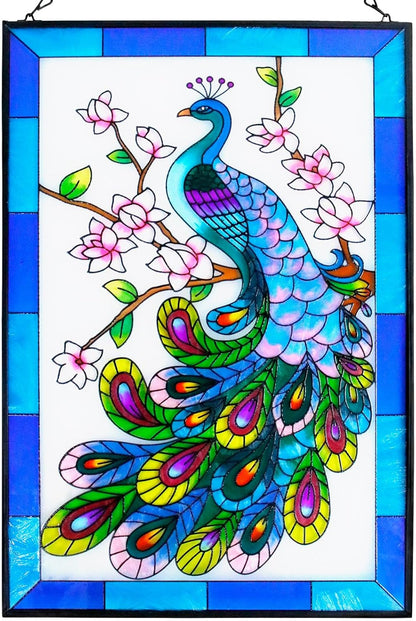 Chambtalie Peacock Stained Glass Hanging Garden Handmade Painted Peacock Wall Window Decor Decorative Suncatcher Panel…