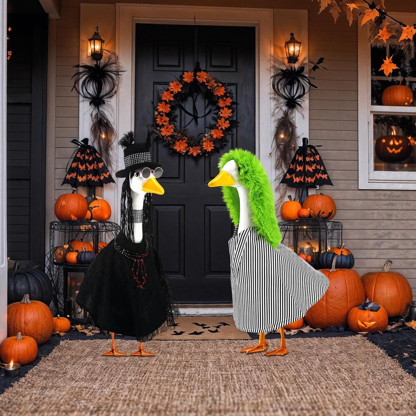 Abbylike 2 Set Halloween Goose Outfits 2024 Movie Juice Clothes Black and White Striped Cape with Green Fur Headgear Fit 23''
