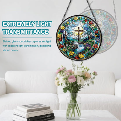 Cross Stained Glass Window Hanging, Wildflower Suncatcher Diamond Glass Panel Hangings, Sun Catchers Indoor Windows Wall Art Decor, Pastor Christian Gift, Christmas Decor for Home Office 7.87 inches