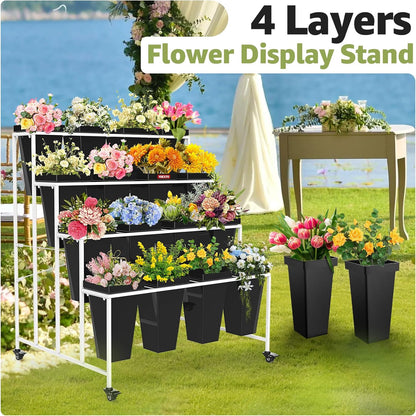 Flower Display Stand 4 Layers with 16 PCS Square Buckets, Plant Stand with Wheels, Movable Metal Plant Stand for Terrace Garden, Living Room, Florist Shop