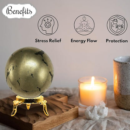Amazing Gemstone Pyrite Crystal Ball with Stand - 2 Inches Crystal Sphere Meditation Balls for Witchcraft and Decorative Balls