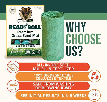PetraMax ReadyRoll Biodegradable Grass Seed Mats for Lawns - Roll Out Mat with Tall Fescue & Kentucky Blue Grass Seeds for Lawn - Great Patch Repair, New Lawn or Erosion Control (Kentucky, 216 Sq Ft)