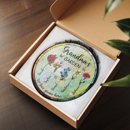 NAZENTI Personalized Grandma's Garden Stained Glass Suncatcher with Birth Month Flowers, Custom Mom's Garden Window Hanging Ornament, Mothers Day Grandma Mom Gifts, Gifts for Nana Mimi