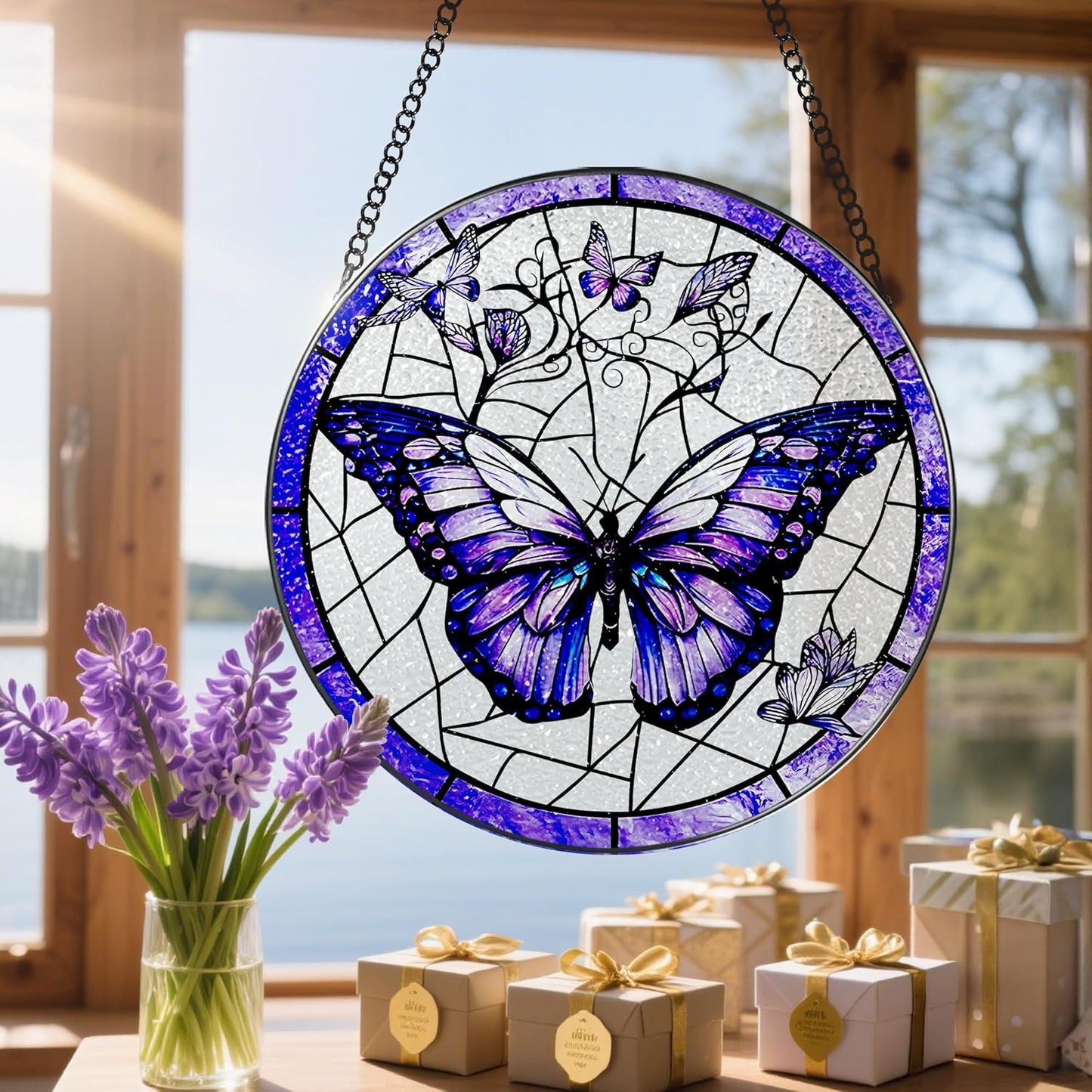 Stained Glass Window Hanging, 8 Inch Purple Butterfly Stained Glass Suncatcher, Butterfly Light Catcher, Window Hanging Decor, Gifts for Mother's Day, Christmas, Birthday, Gifts for Women Mom Grandma