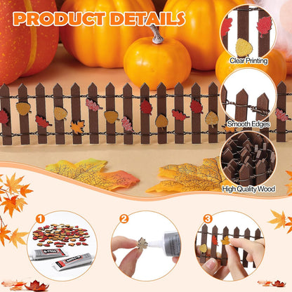 Thyle Thanksgiving DIY Mini Fairy Garden Fence Fall Wood Picket Crafts with 35 Inches Wood Picket Fence 100 Wooden Leaves and Glue for Autumn Centerpieces Thanksgiving Activity(Brown)