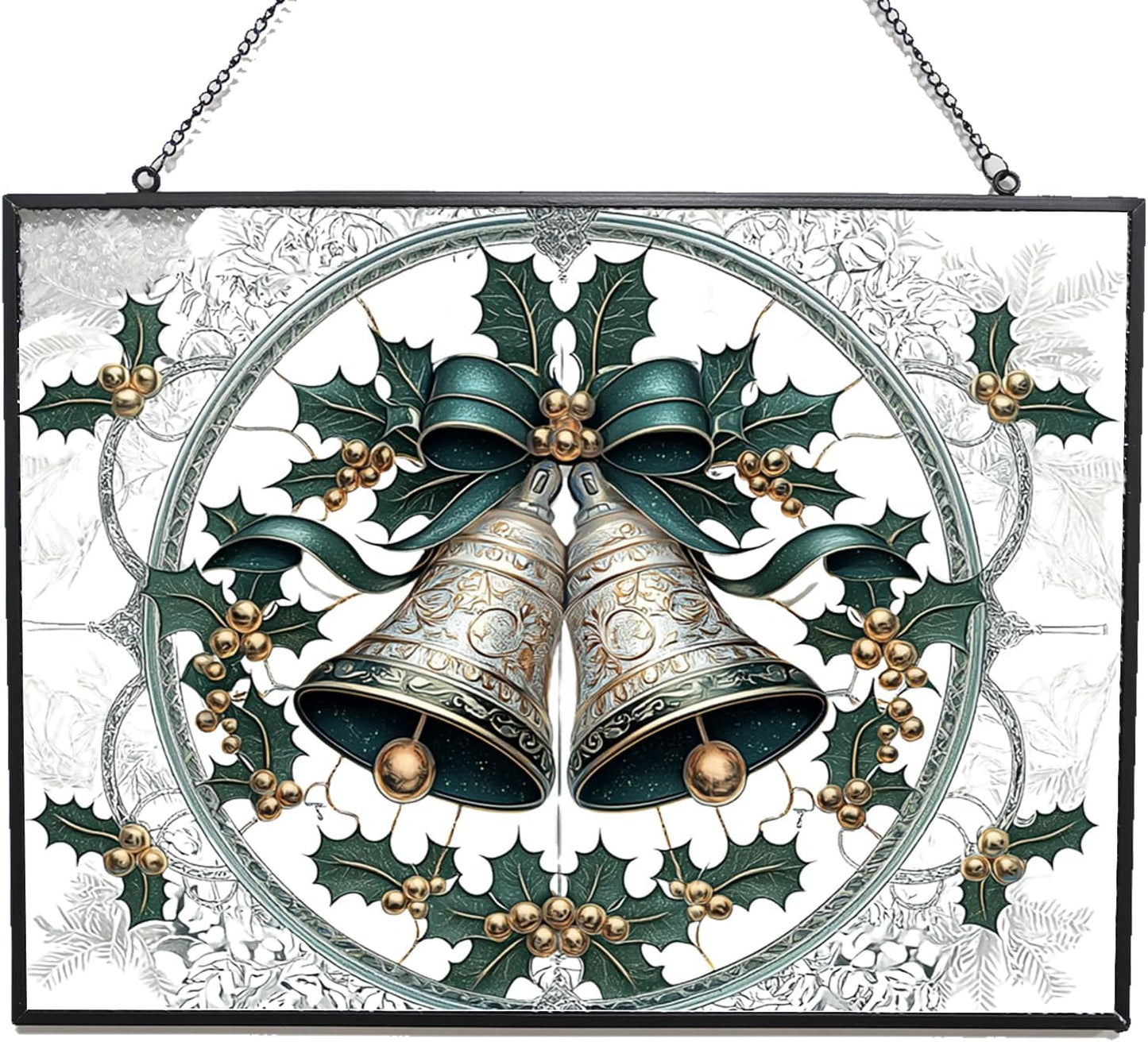 Personalized Rectangle Christmas Bell Suncatchers for Windows, Stained Glass Window Hangings,Hand-Painted Glass Panel Perfect for Home Décor
