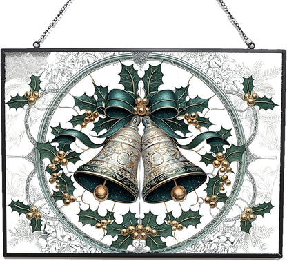 Personalized Rectangle Christmas Bell Suncatchers for Windows, Stained Glass Window Hangings,Hand-Painted Glass Panel Perfect for Home Décor