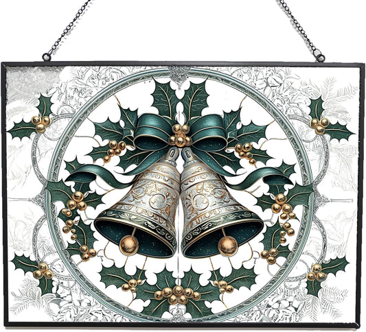 Personalized Rectangle Christmas Bell Suncatchers for Windows, Stained Glass Window Hangings,Hand-Painted Glass Panel Perfect for Home Décor