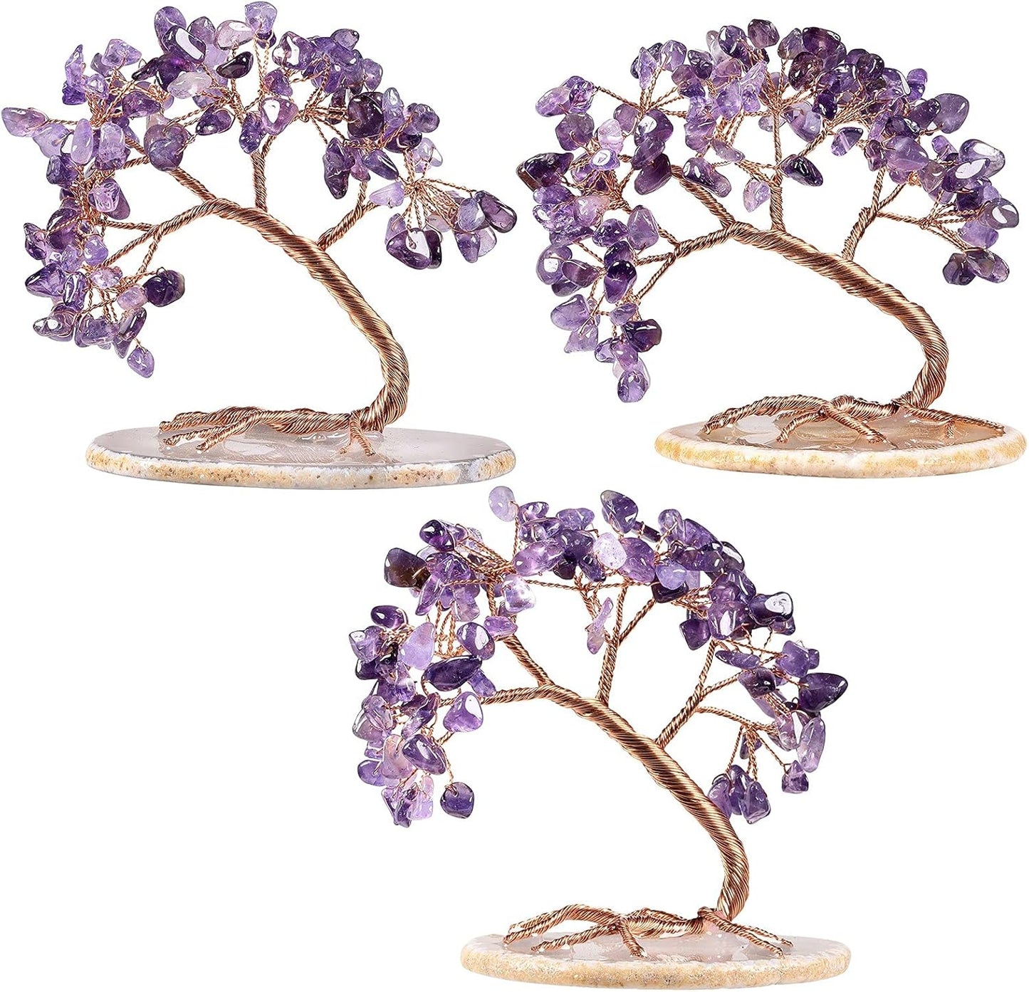 TUMBEELLUWA Reiki Crystal Money Tree with Agate Slice Base Feng Shui Stone Bonsai Tree Figure Decor for Happiness Good Luck and Wealth, Amethyst