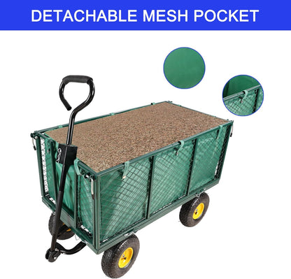 Heavy Duty Garden Wagon with Foldable Sides, Pneumatic Tires, Adjustable Handle (Green + Cloth Pocket)