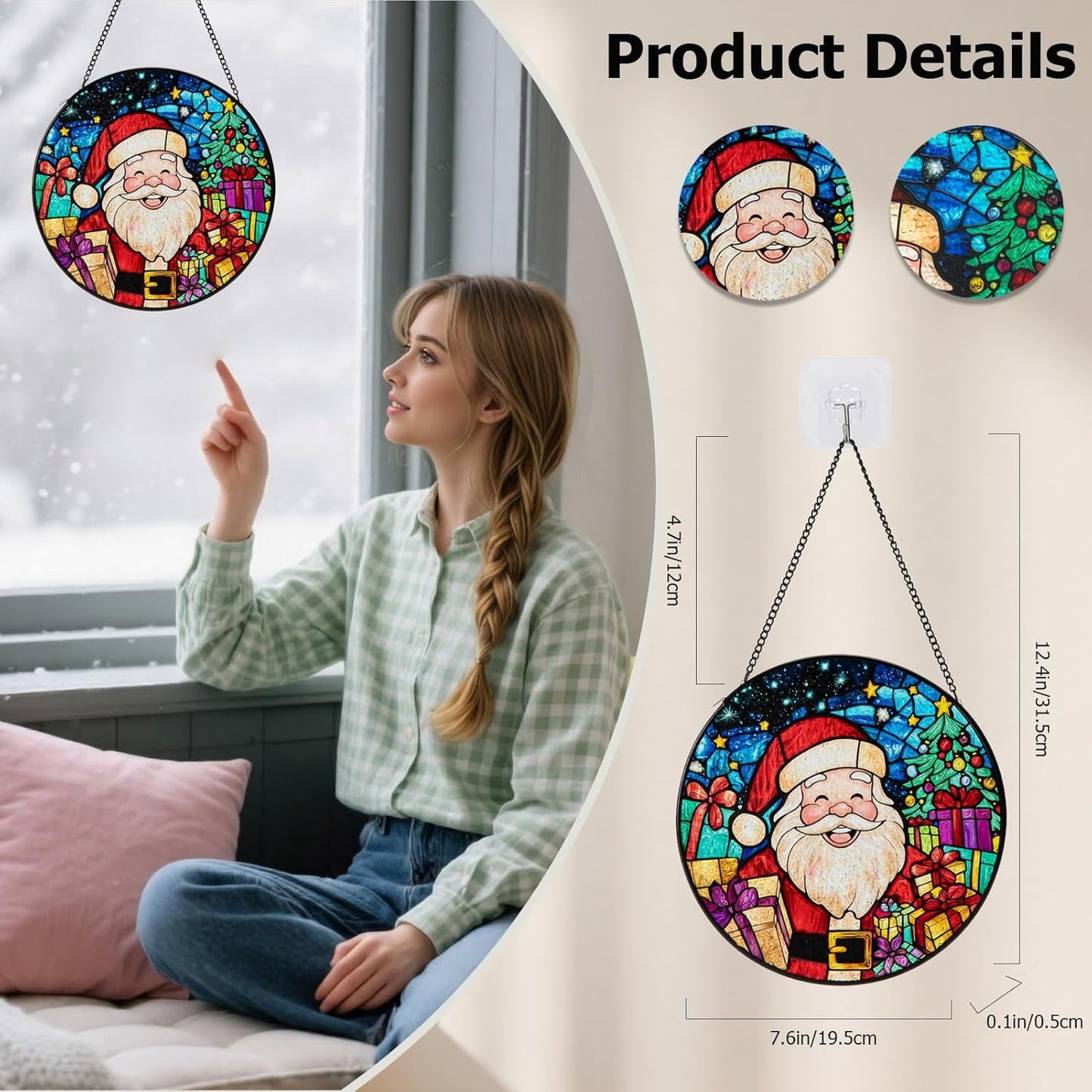 Santa Stained Glass Window Hanging, Santa Claus Suncatcher for Doors Home Sun Catchers Decoration and Christmas, Mother's Day Birthday Gifts for Women, Men, and Mom (8 Inch)