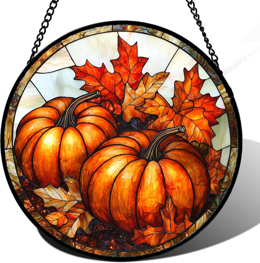 Stained Glass Window Hanging, Pumpkin Maple Leaf Suncatcher for Doors Home Sun Catchers Decoration