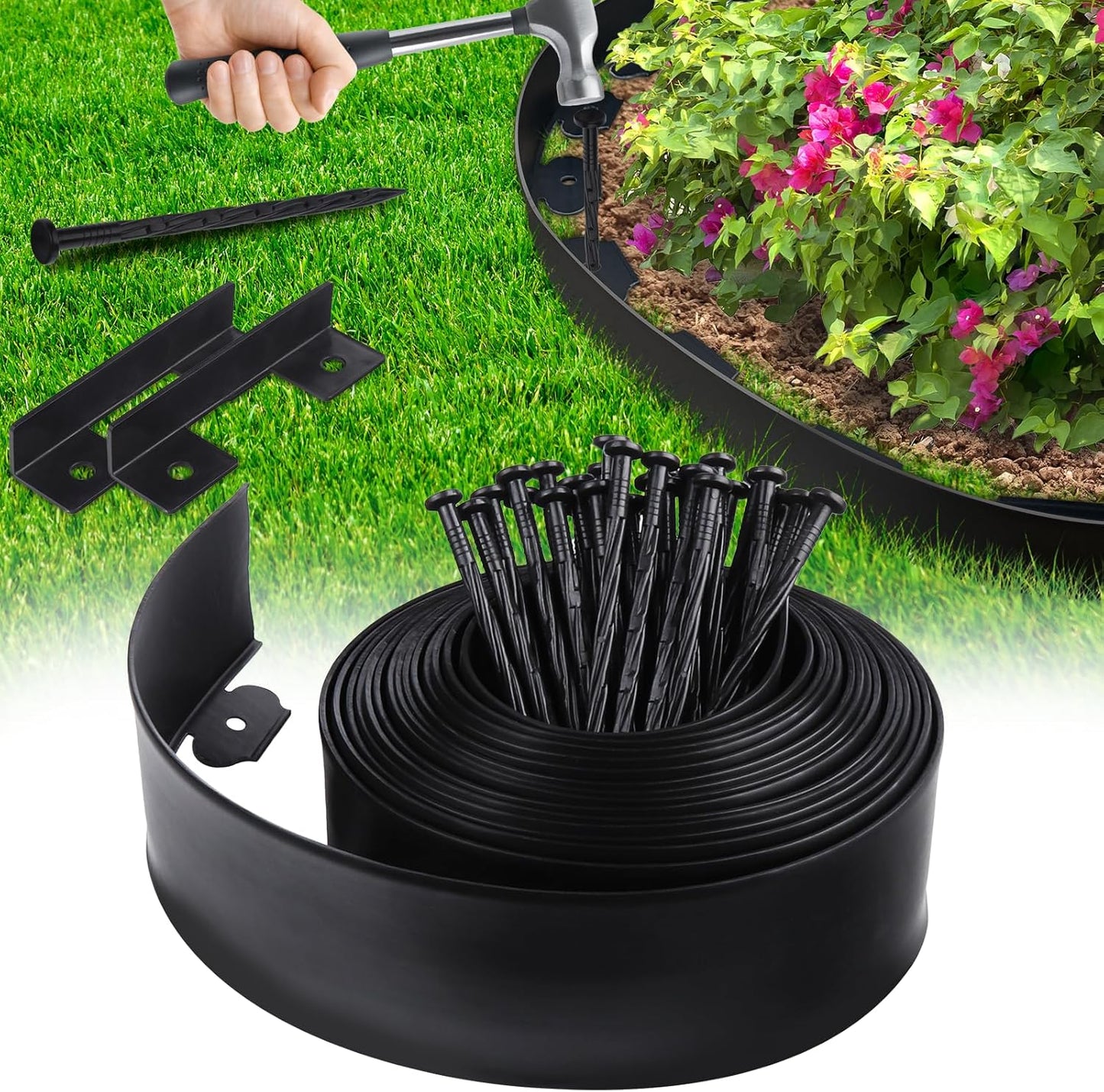 Landscape Edging Border No Dig - 20FT 4IN Tall Garden Edging Border with 20 Stakes, Plastic Garden Fence Lawn Edging Flexible for Landscaping, Flower Beds, Yard, Pathway with Connectors